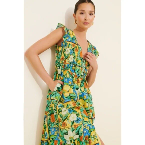Anthropologie Midi Dress Women Peregrine Yellow Floral Preppy Vacay Boho XL NWT - Picture 5 of 10